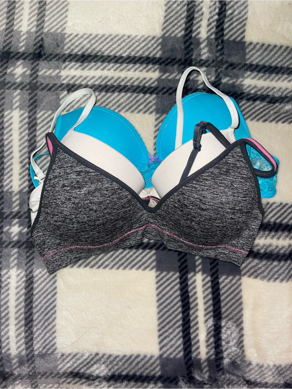 Set of 3 - Women’s Gray Teal and White Everyday Comfort Bras Various brands 34A